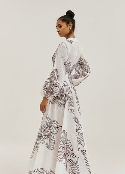 Tillie Volume Sleeve Embroidered Dress | White/Merlot