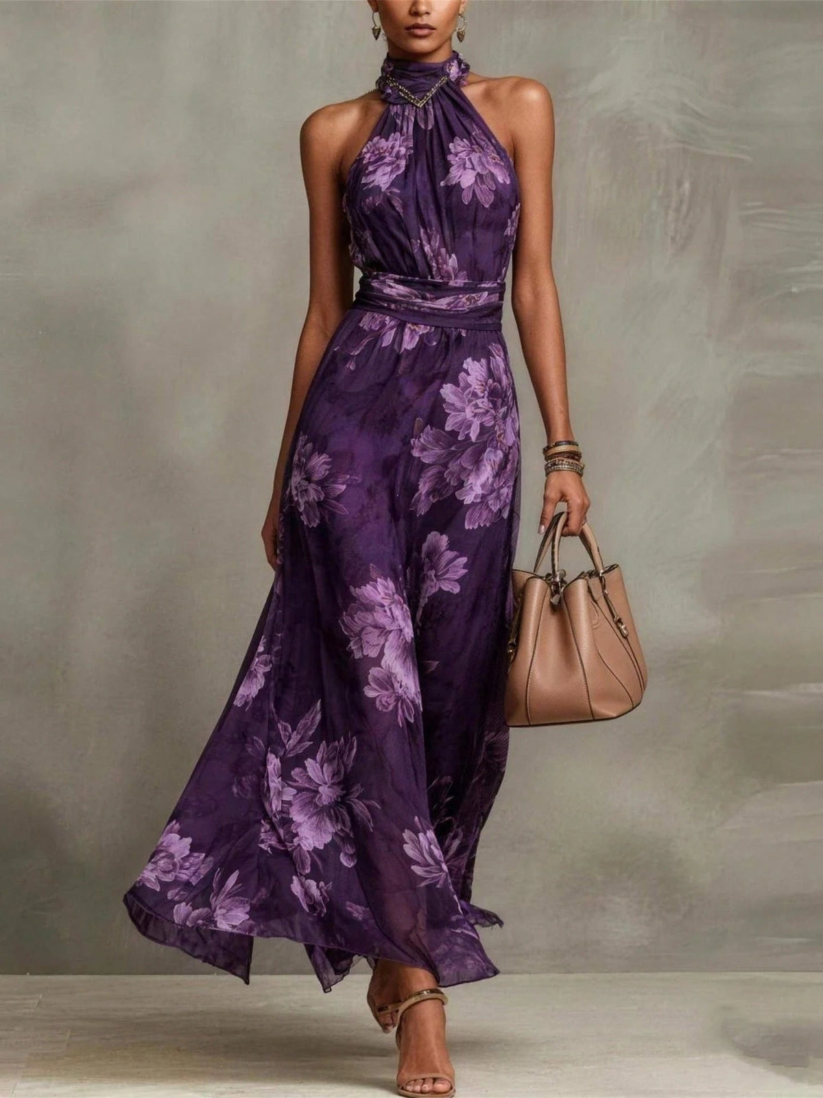 Amila | Floral Chiffon Halter Maxi Dress