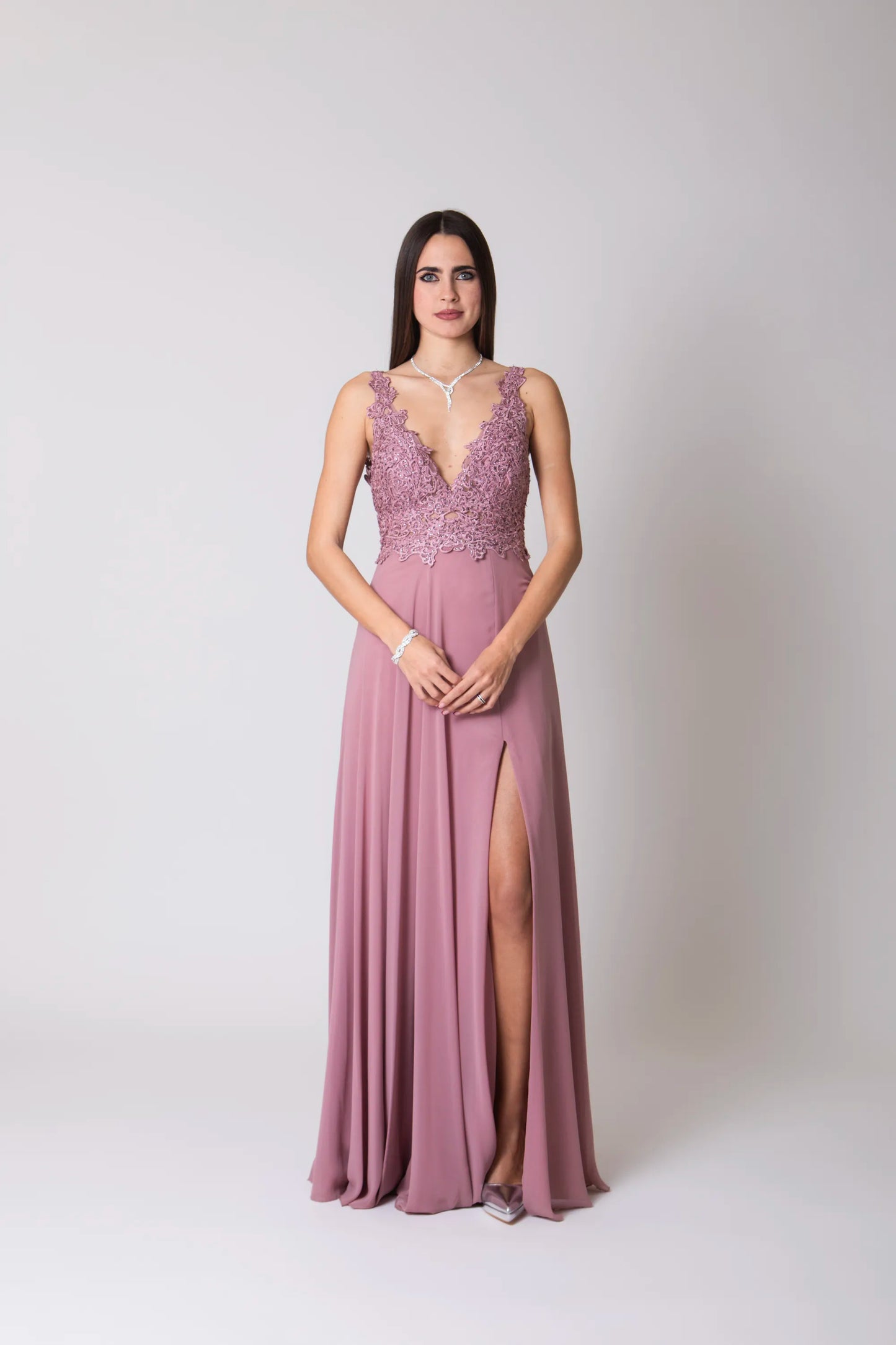 Miriam | Vestido Largo de Gasa con Encaje y Abertura