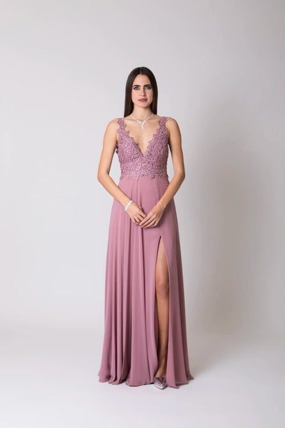 Miriam | Vestido Largo de Gasa con Encaje y Abertura