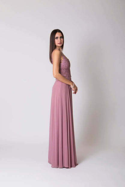 Miriam | Vestido Largo de Gasa con Encaje y Abertura