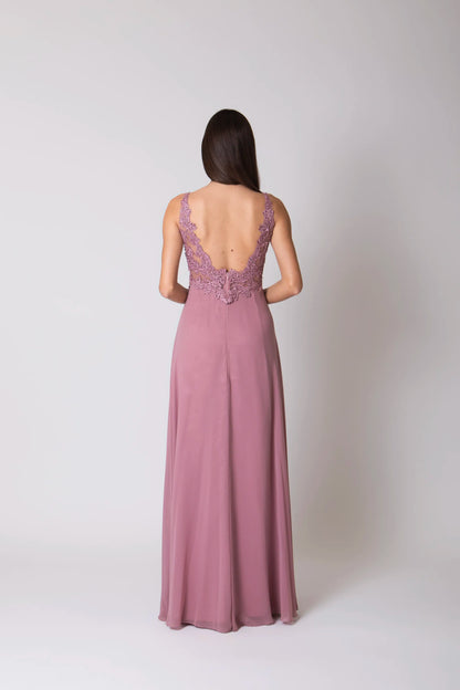 Miriam | Vestido Largo de Gasa con Encaje y Abertura