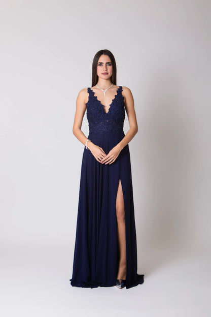 Miriam | Vestido Largo de Gasa con Encaje y Abertura