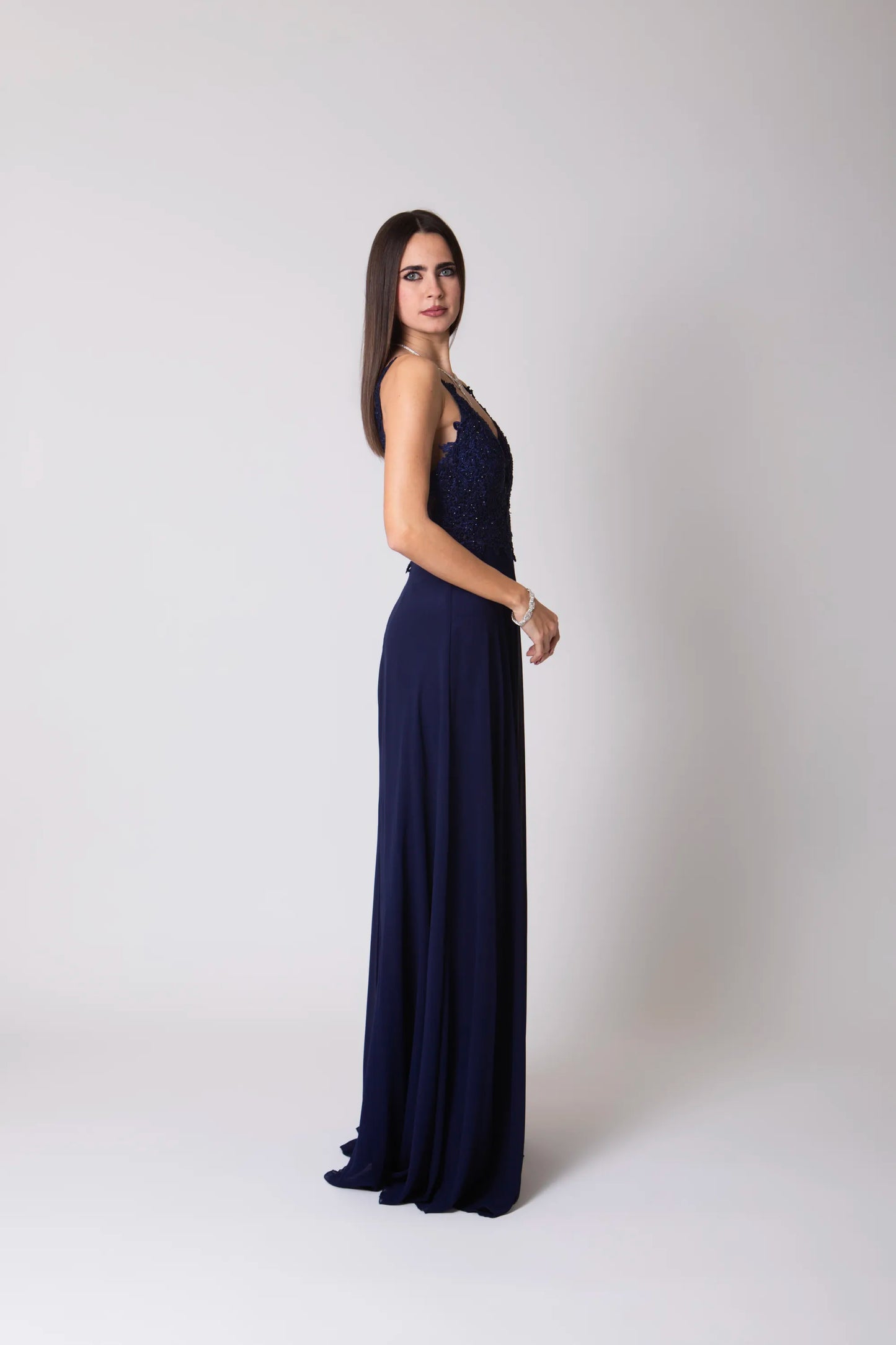 Miriam | Vestido Largo de Gasa con Encaje y Abertura