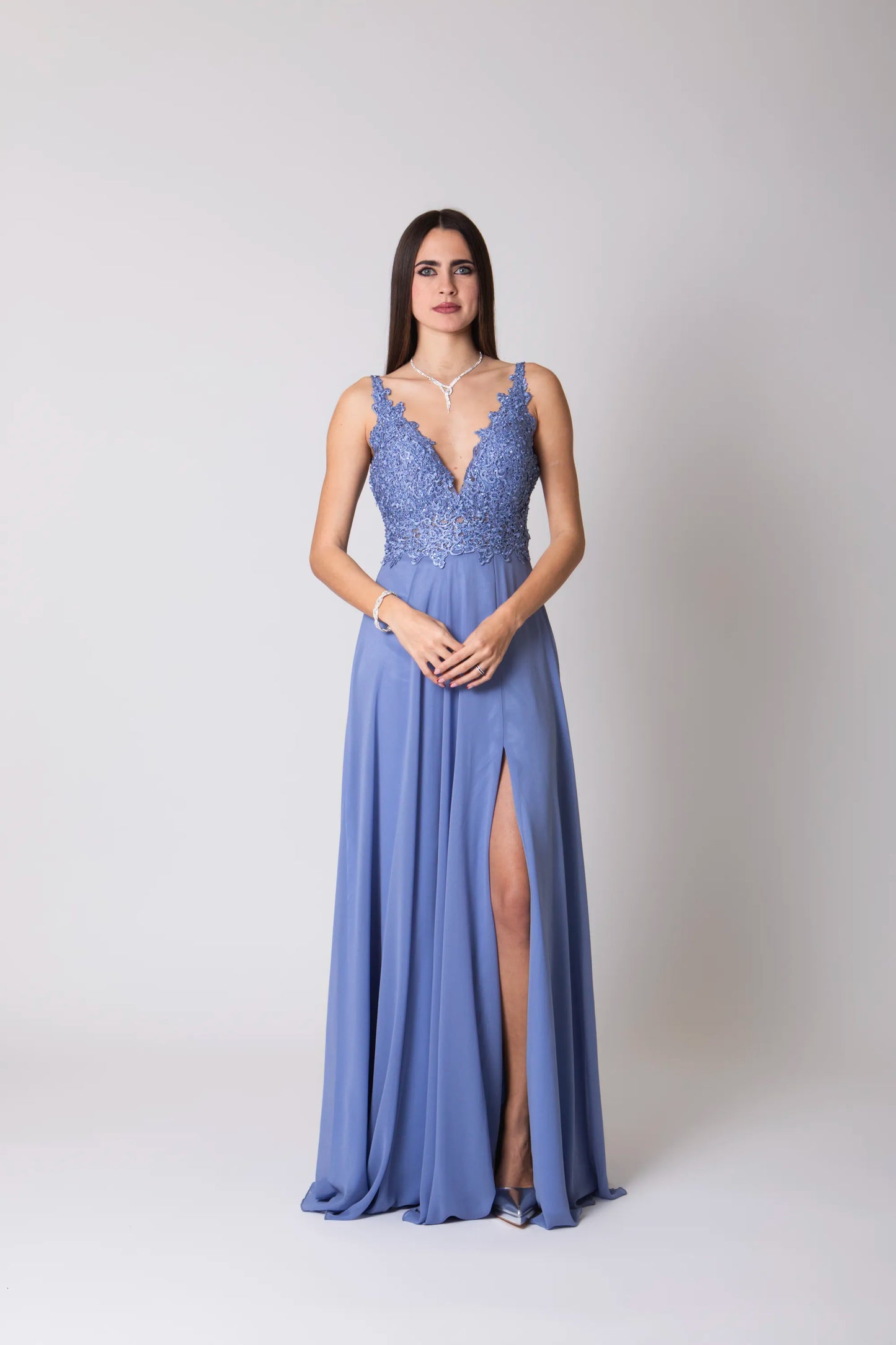 Miriam | Vestido Largo de Gasa con Encaje y Abertura