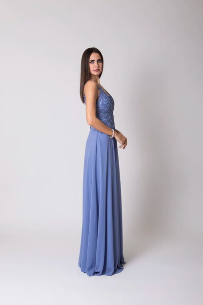 Miriam | Vestido Largo de Gasa con Encaje y Abertura