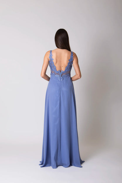 Miriam | Vestido Largo de Gasa con Encaje y Abertura