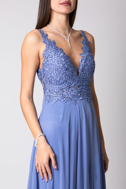 Miriam | Vestido Largo de Gasa con Encaje y Abertura