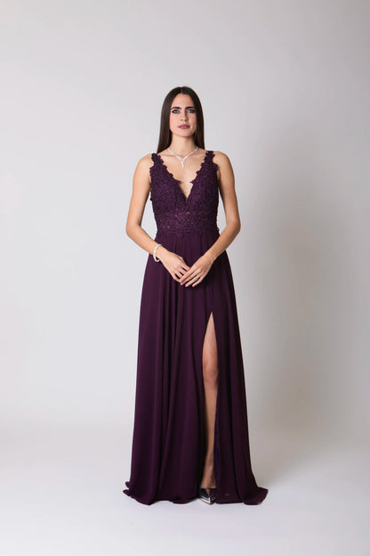 Miriam | Vestido Largo de Gasa con Encaje y Abertura