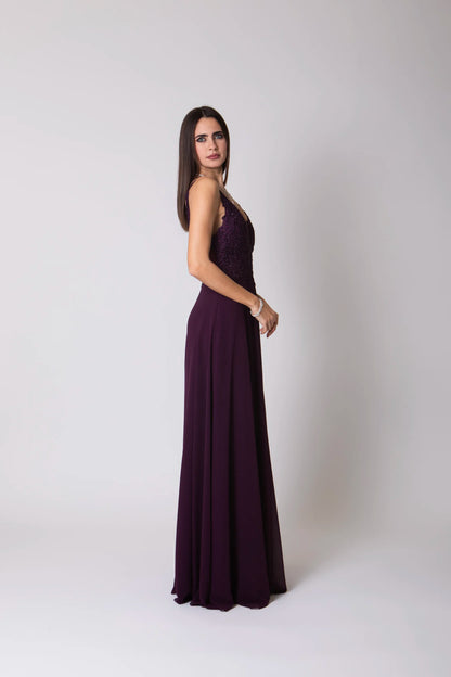 Miriam | Vestido Largo de Gasa con Encaje y Abertura