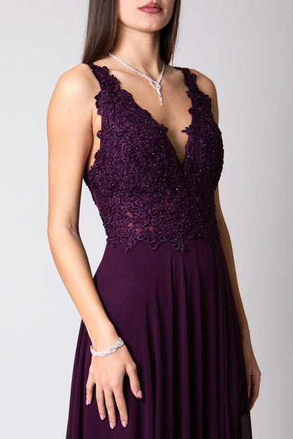 Miriam | Vestido Largo de Gasa con Encaje y Abertura