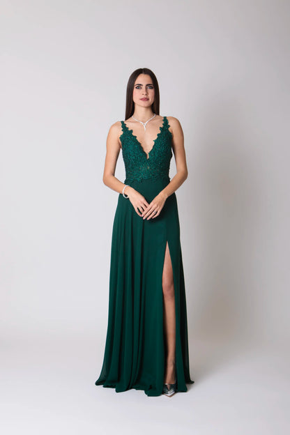 Miriam | Vestido Largo de Gasa con Encaje y Abertura