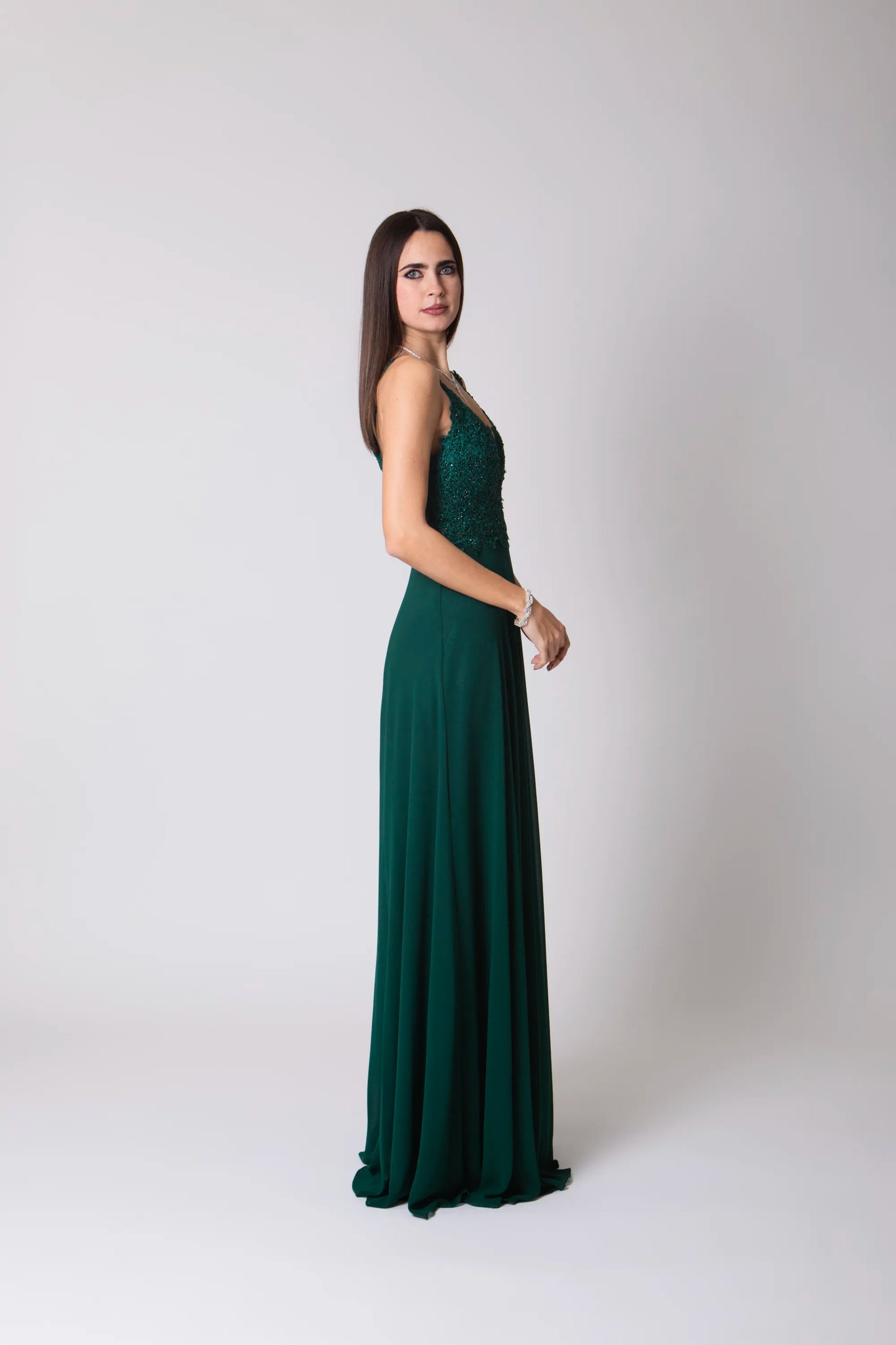 Miriam | Vestido Largo de Gasa con Encaje y Abertura
