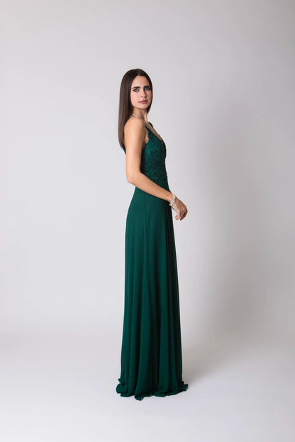 Miriam | Vestido Largo de Gasa con Encaje y Abertura
