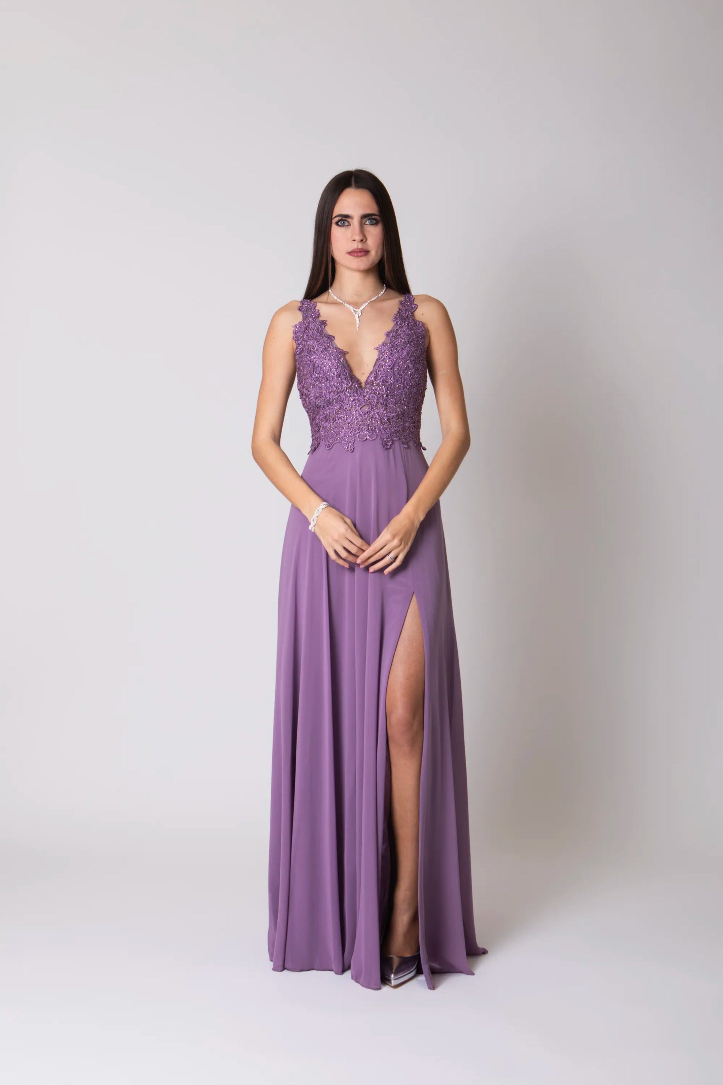 Miriam | Vestido Largo de Gasa con Encaje y Abertura