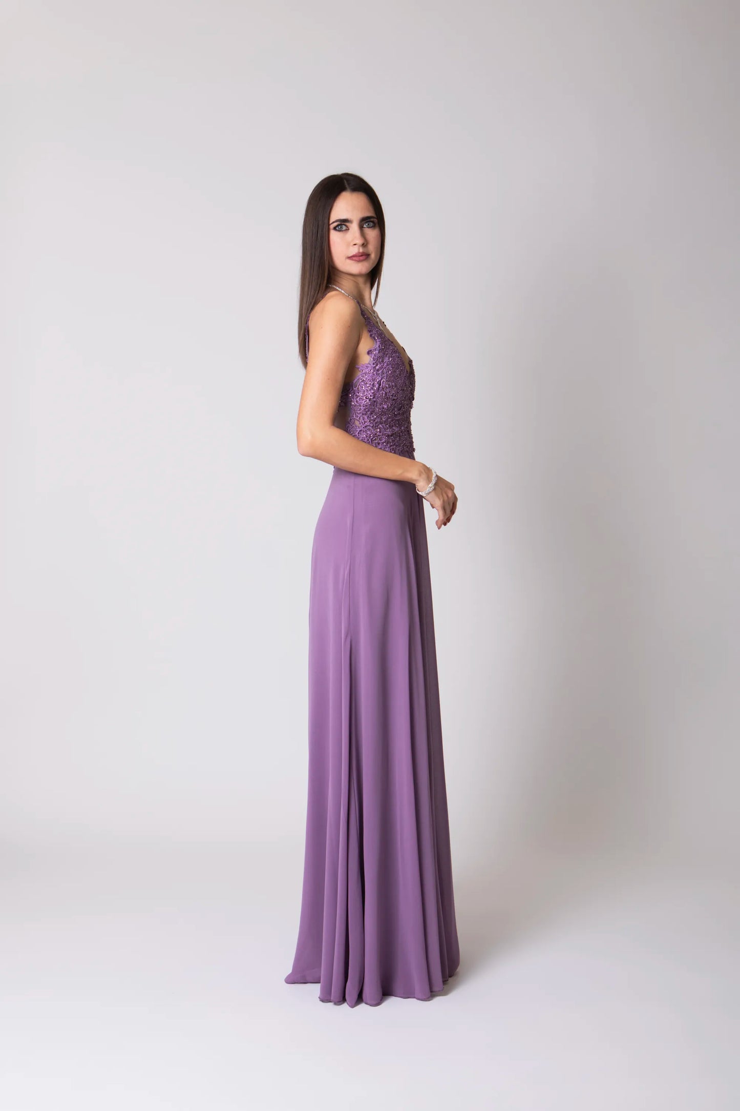Miriam | Vestido Largo de Gasa con Encaje y Abertura