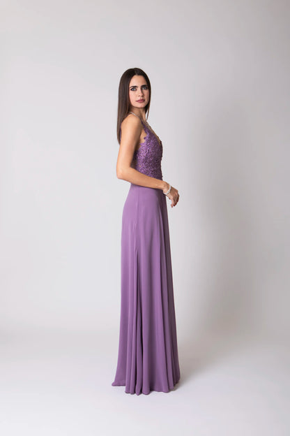 Miriam | Vestido Largo de Gasa con Encaje y Abertura