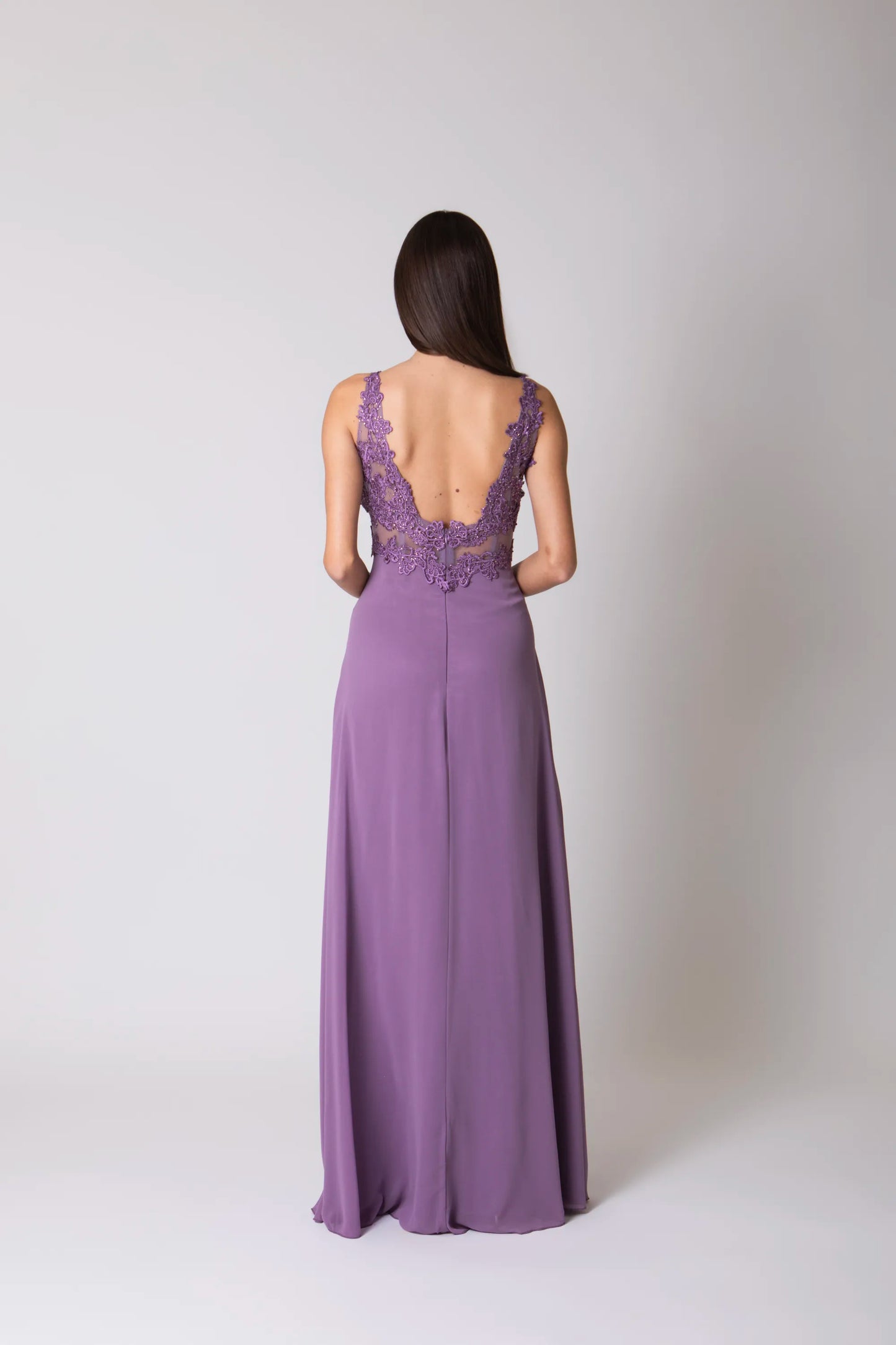Miriam | Vestido Largo de Gasa con Encaje y Abertura