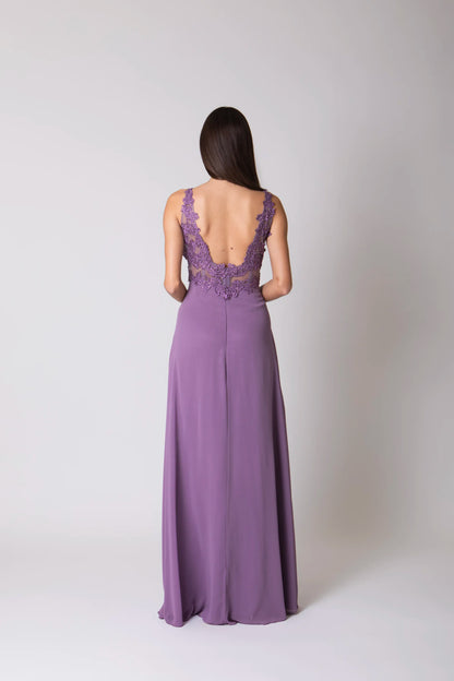 Miriam | Vestido Largo de Gasa con Encaje y Abertura