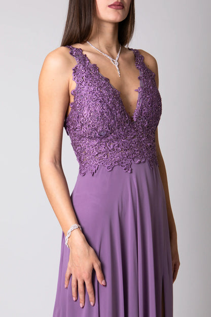 Miriam | Vestido Largo de Gasa con Encaje y Abertura