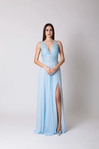 Miriam | Vestido Largo de Gasa con Encaje y Abertura