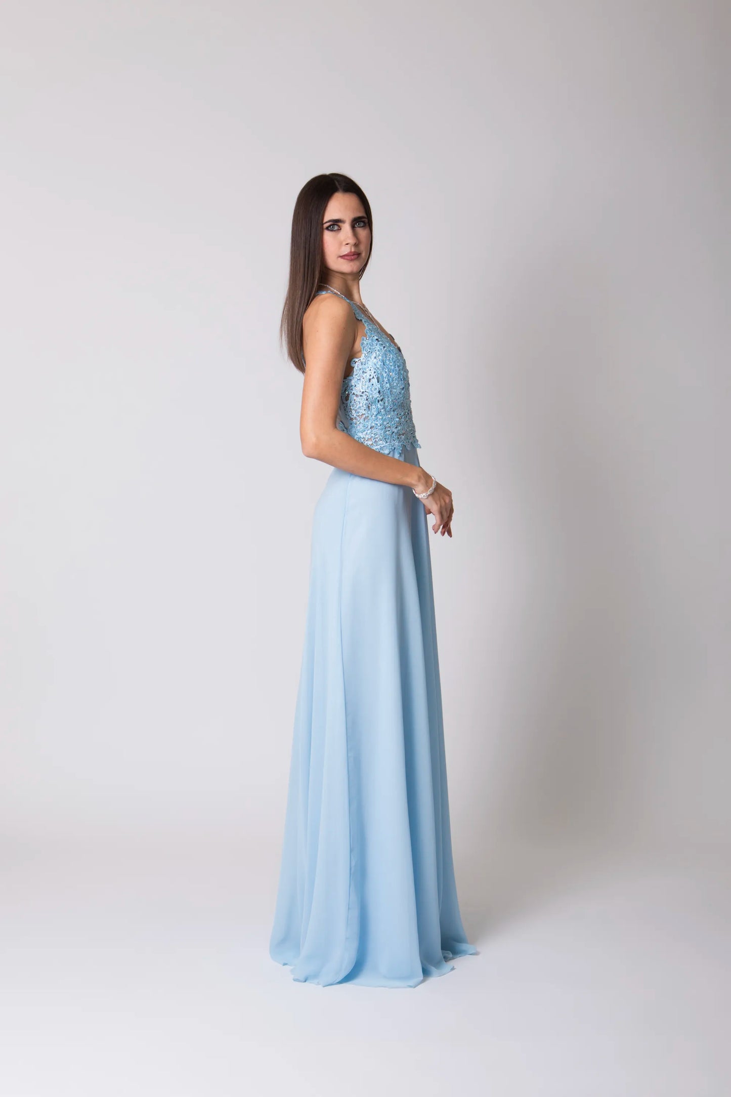 Miriam | Vestido Largo de Gasa con Encaje y Abertura