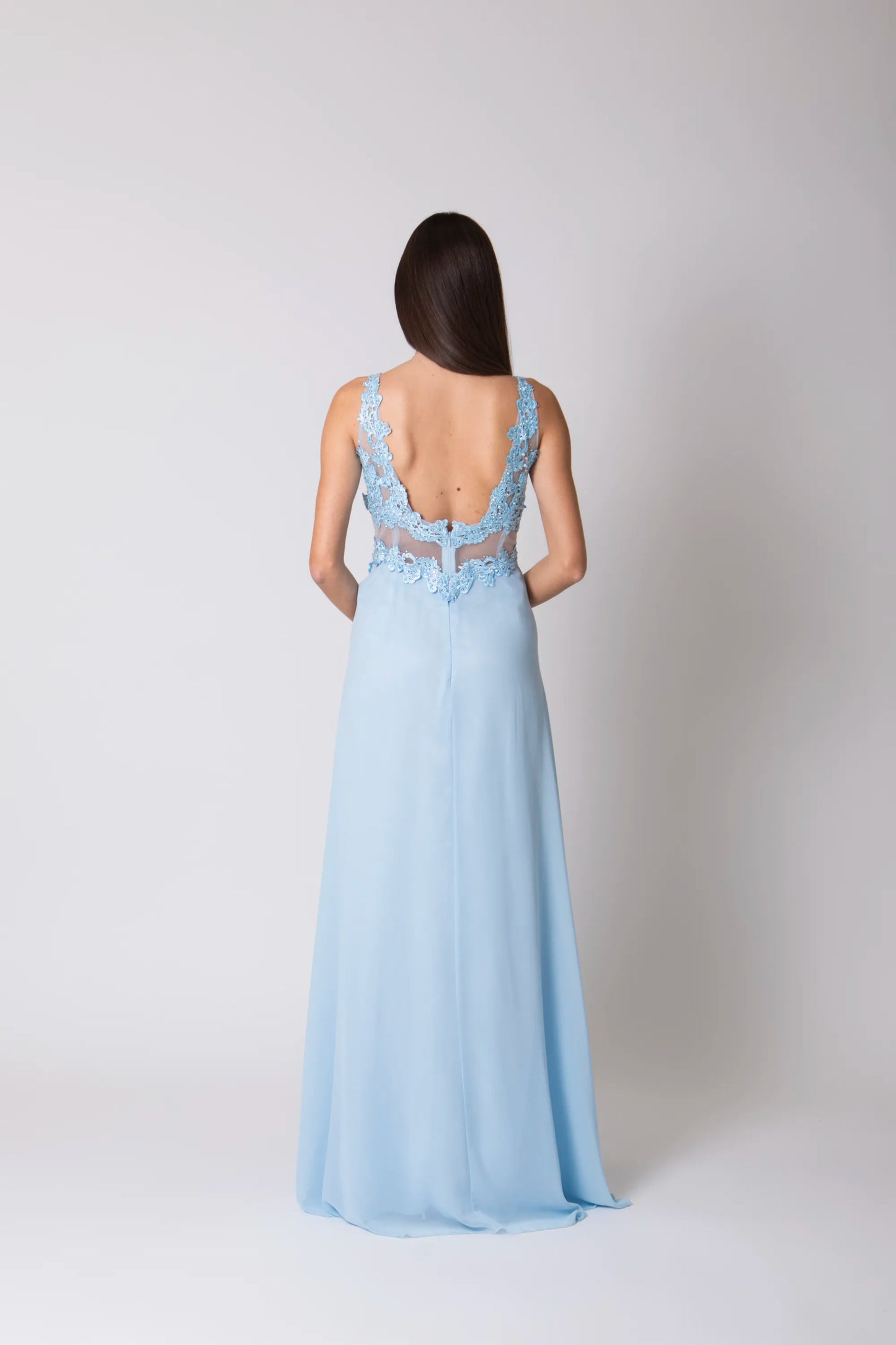 Miriam | Vestido Largo de Gasa con Encaje y Abertura