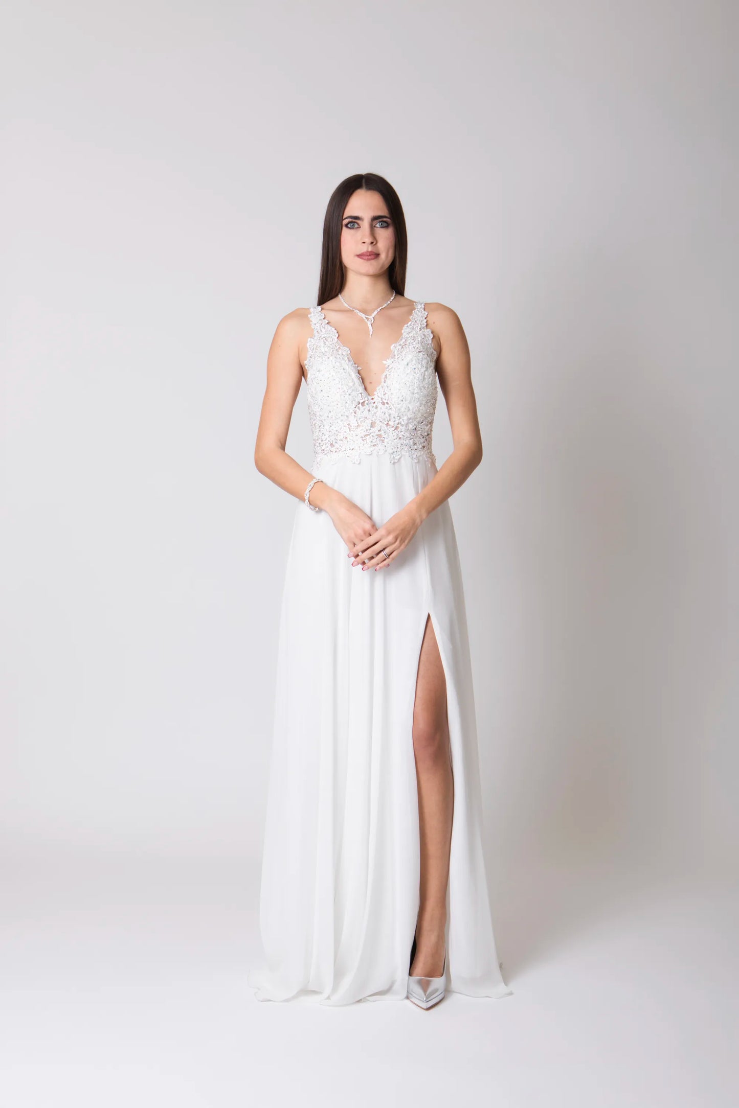 Miriam | Vestido Largo de Gasa con Encaje y Abertura