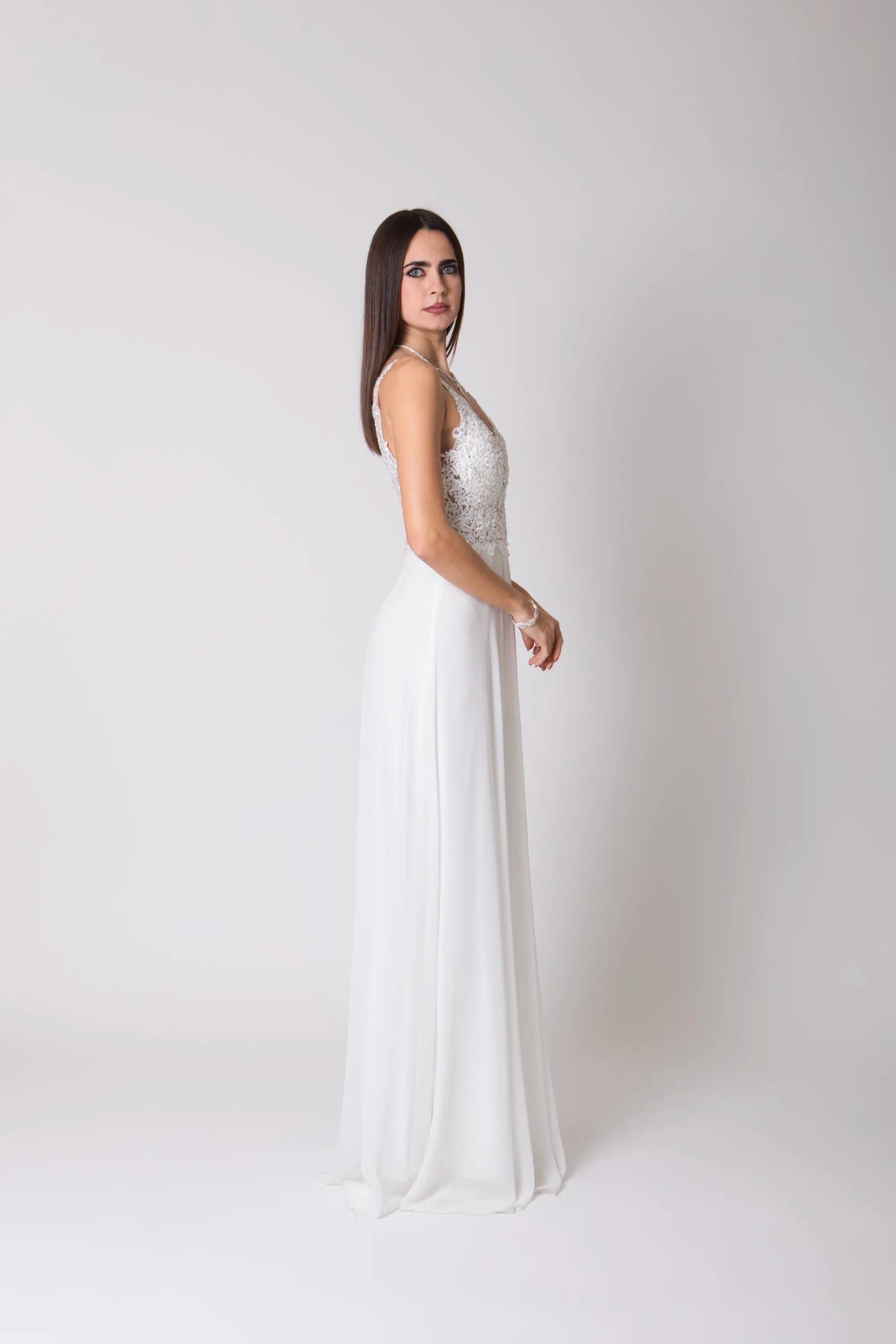Miriam | Vestido Largo de Gasa con Encaje y Abertura