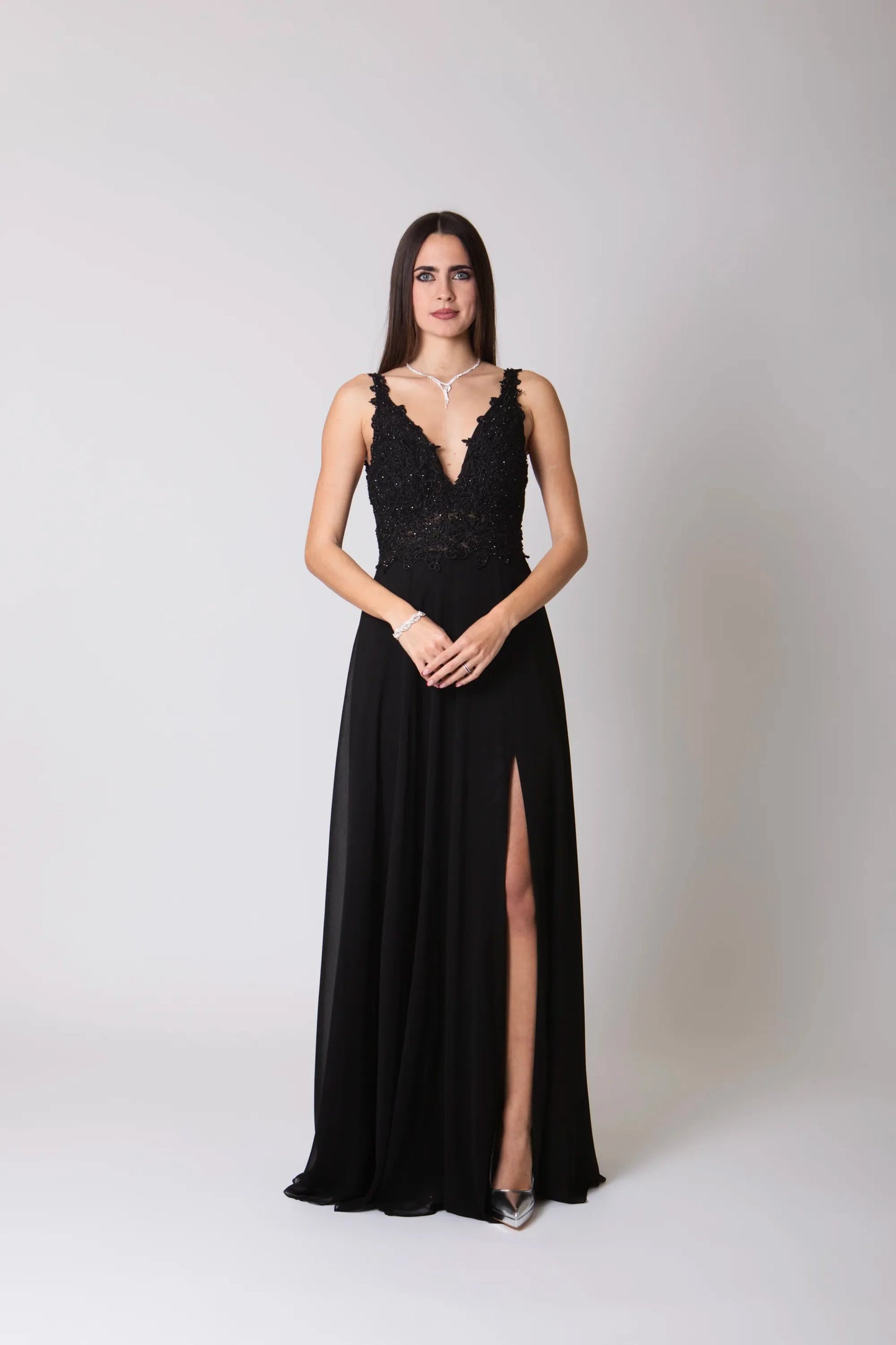 Miriam | Vestido Largo de Gasa con Encaje y Abertura