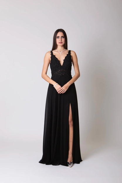 Miriam | Vestido Largo de Gasa con Encaje y Abertura