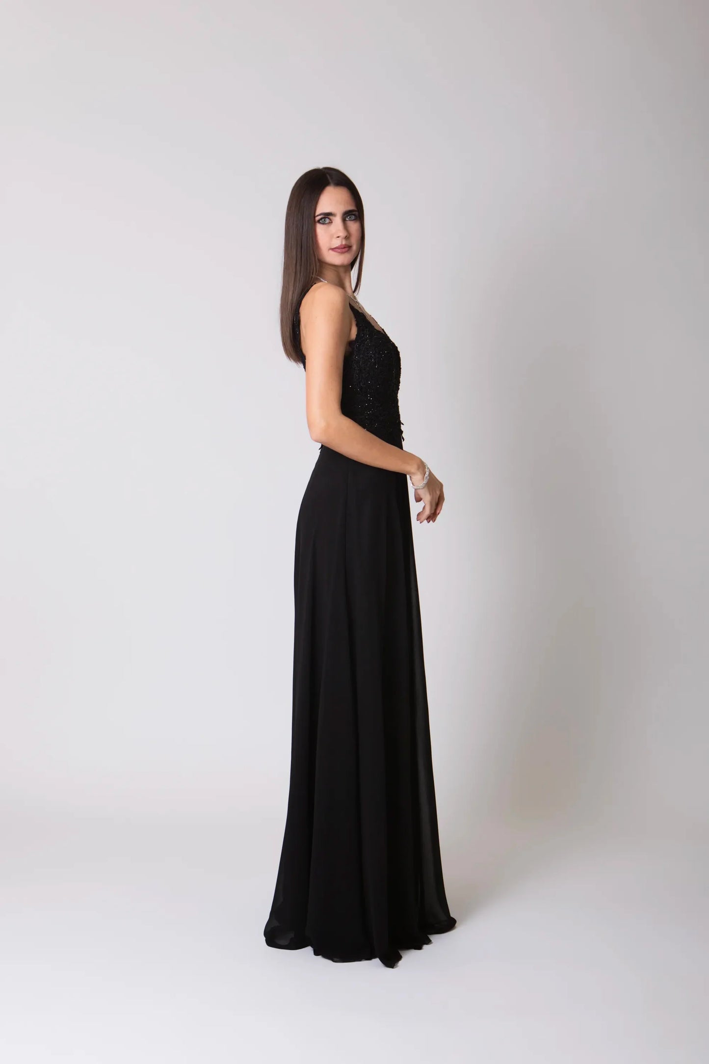 Miriam | Vestido Largo de Gasa con Encaje y Abertura