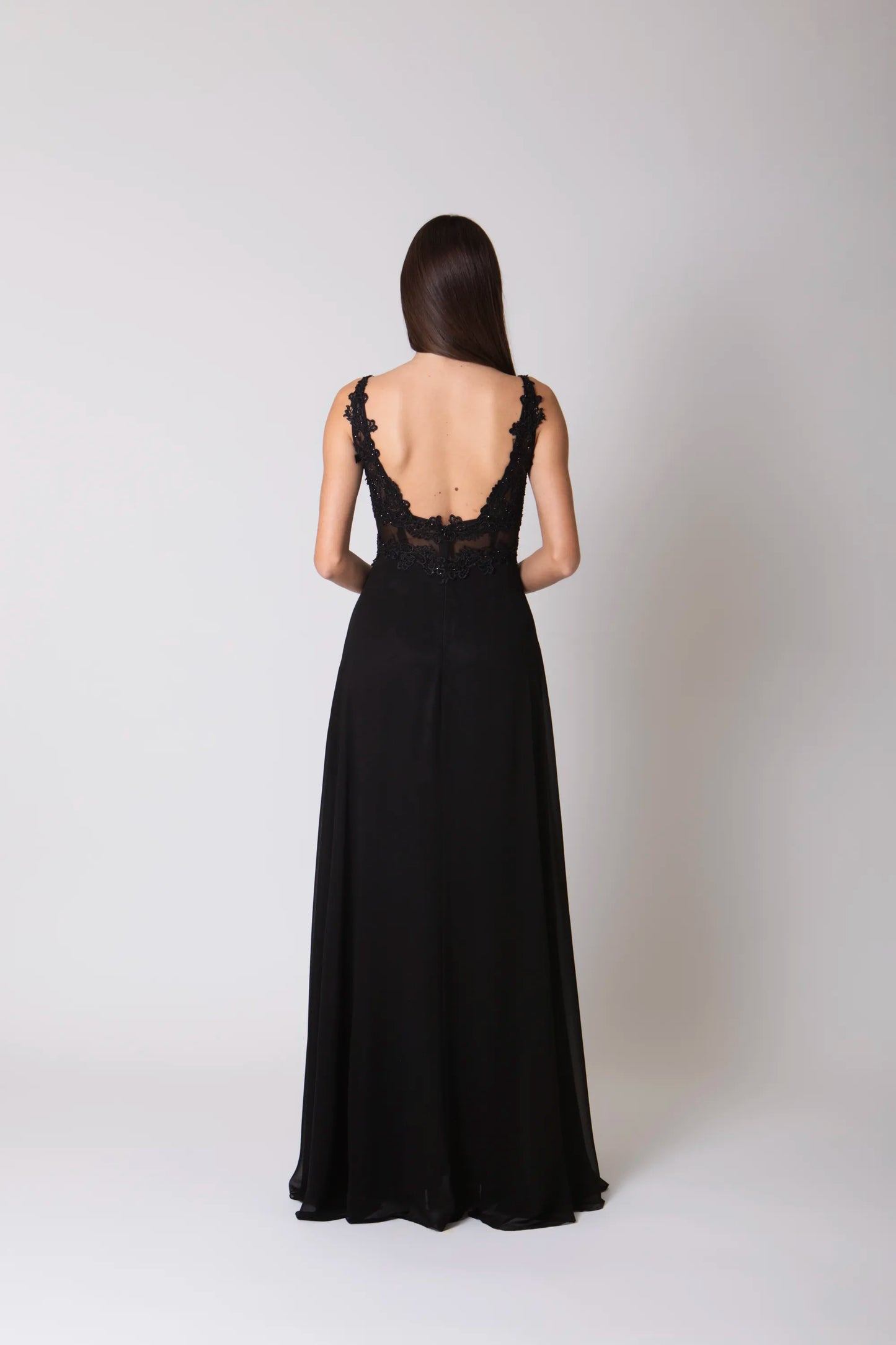 Miriam | Vestido Largo de Gasa con Encaje y Abertura