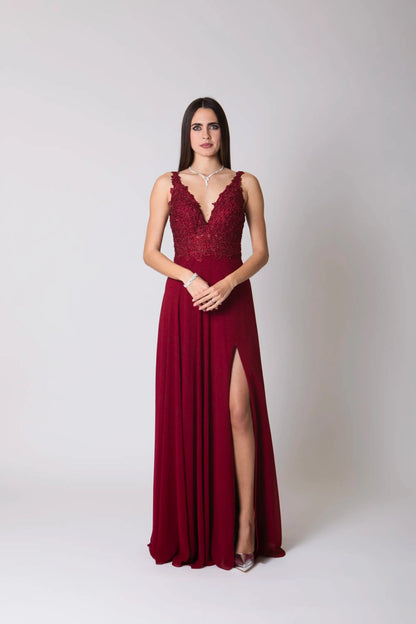 Miriam | Vestido Largo de Gasa con Encaje y Abertura