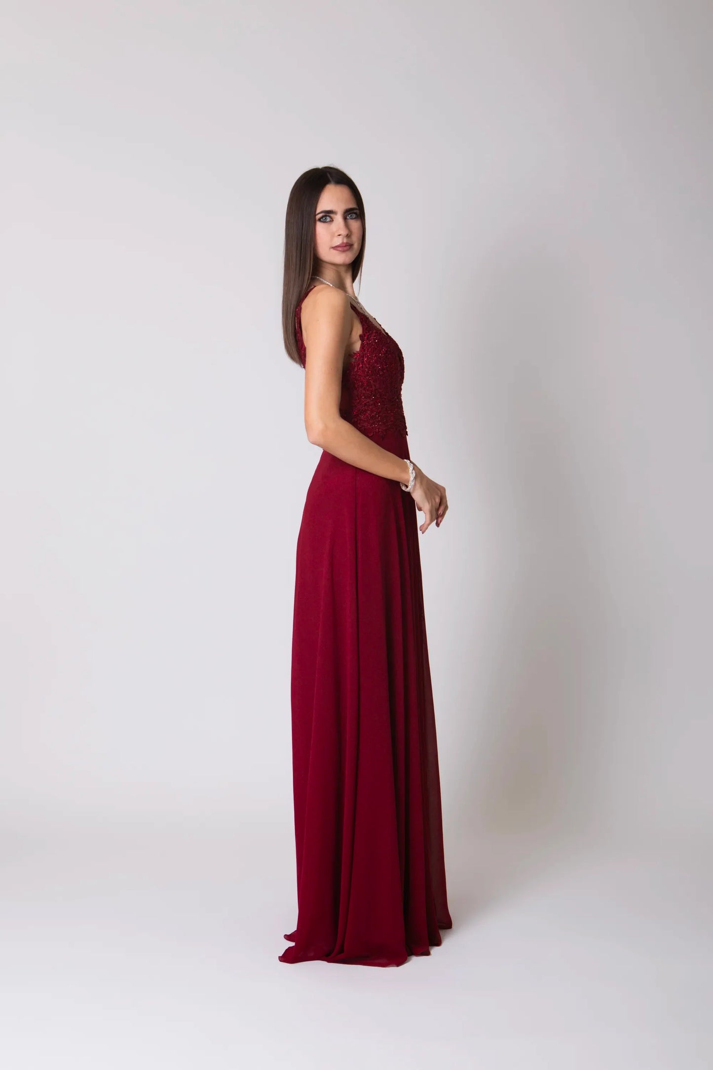 Miriam | Vestido Largo de Gasa con Encaje y Abertura