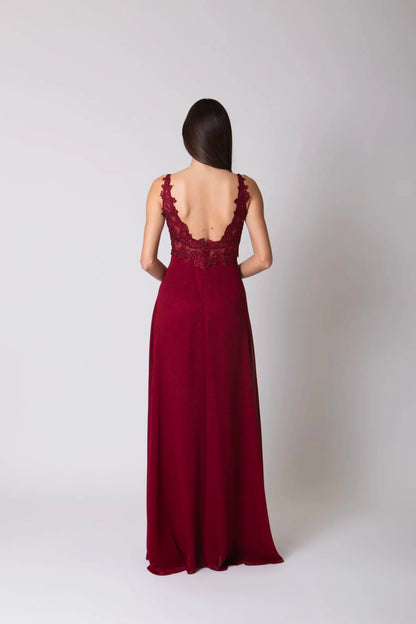 Miriam | Vestido Largo de Gasa con Encaje y Abertura