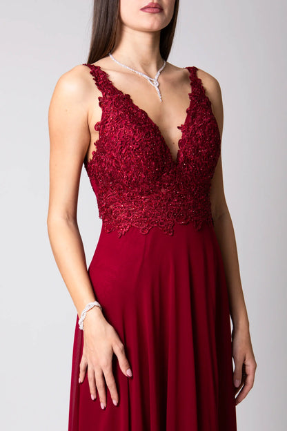 Miriam | Vestido Largo de Gasa con Encaje y Abertura