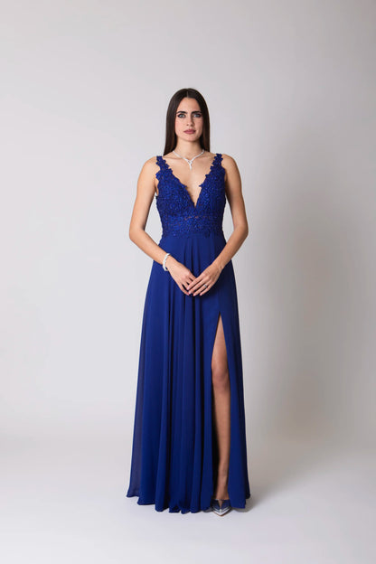 Miriam | Vestido Largo de Gasa con Encaje y Abertura
