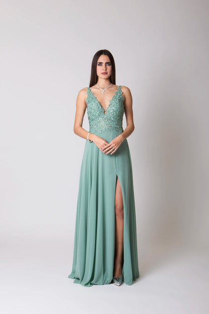 Miriam | Vestido Largo de Gasa con Encaje y Abertura