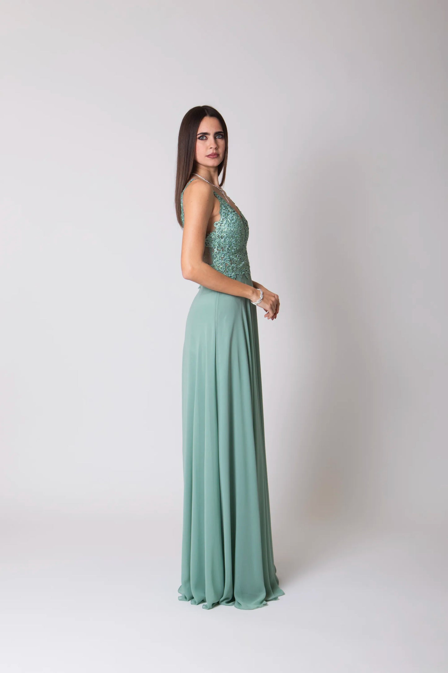 Miriam | Vestido Largo de Gasa con Encaje y Abertura