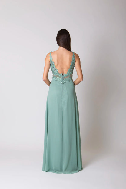 Miriam | Vestido Largo de Gasa con Encaje y Abertura
