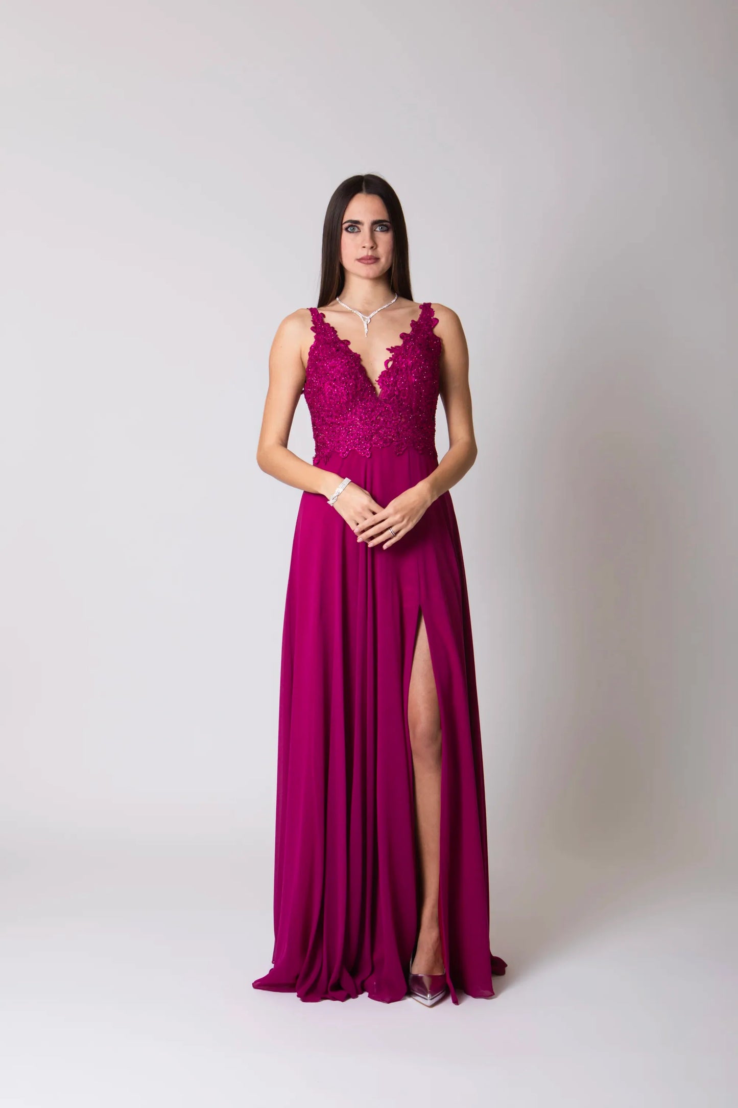 Miriam | Vestido Largo de Gasa con Encaje y Abertura