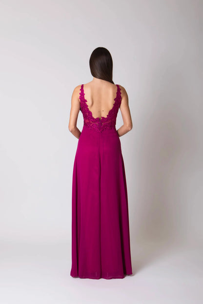 Miriam | Vestido Largo de Gasa con Encaje y Abertura