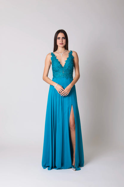 Miriam | Vestido Largo de Gasa con Encaje y Abertura
