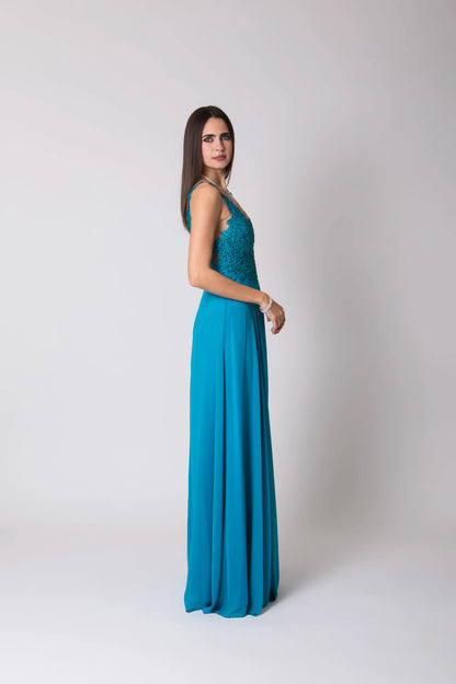 Miriam | Vestido Largo de Gasa con Encaje y Abertura