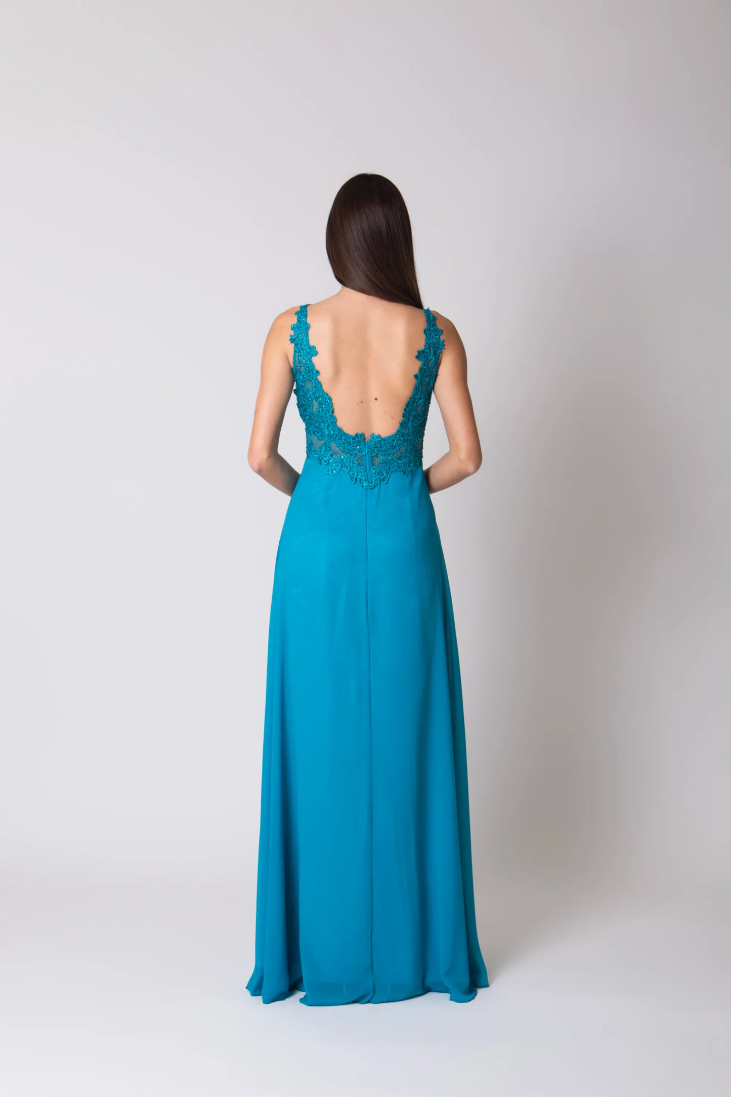 Miriam | Vestido Largo de Gasa con Encaje y Abertura