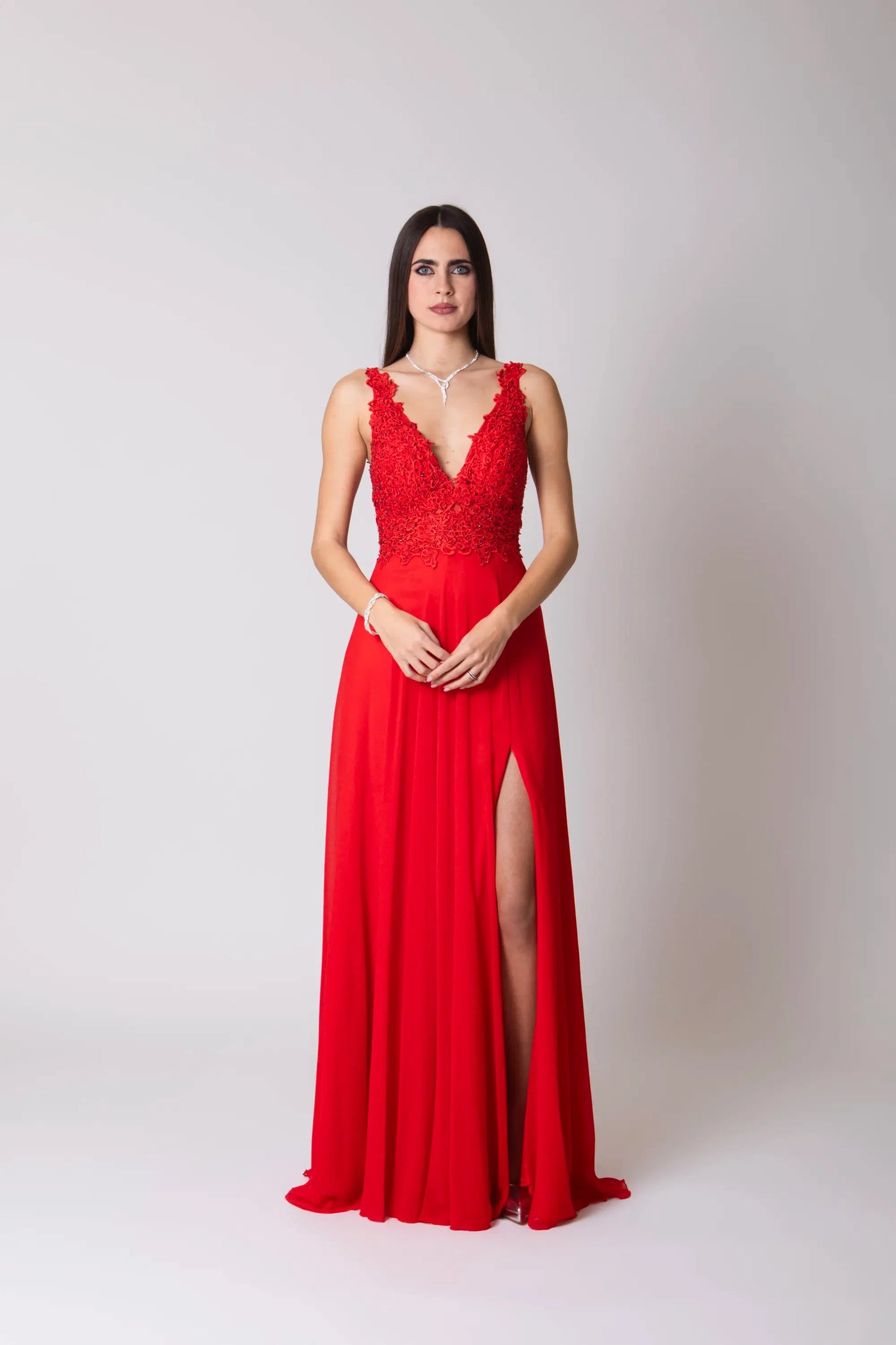 Miriam | Vestido Largo de Gasa con Encaje y Abertura