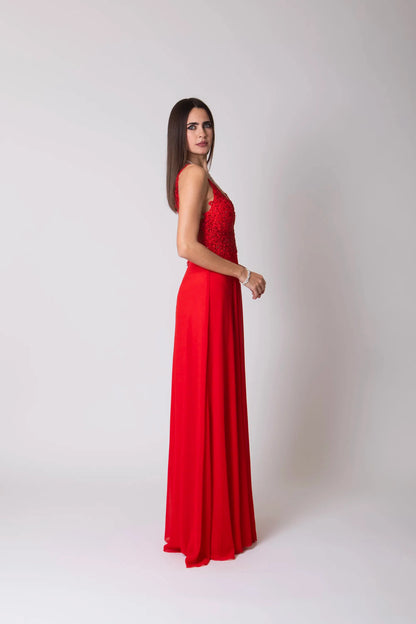 Miriam | Vestido Largo de Gasa con Encaje y Abertura