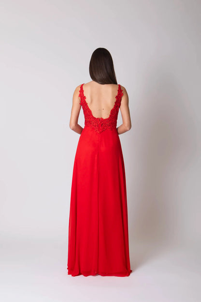 Miriam | Vestido Largo de Gasa con Encaje y Abertura