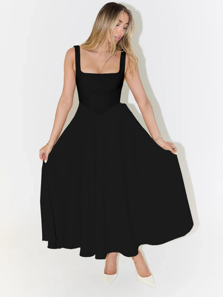 Amara | Vestido Midi con Escote Cuadrado y Falda de Línea A
